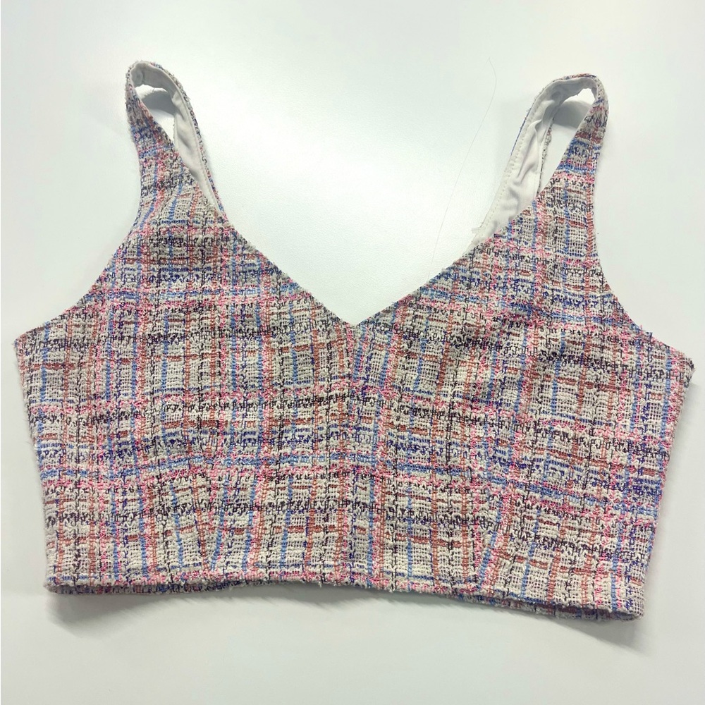 NWT Aqua Tweed Woven Multi‎ Color Pink Preppy Crop Top LARGE